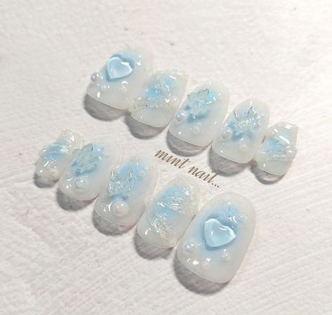 Blue nails Cute Sky Blue Nails, Korean Blue Nails Aesthetic, Blush Blue Nails, Blue Jelly Nails Korean Short, Blue Nail Designs Korean, New Jean Nails, Korean Gel Nails Blue, White Japanese Nails, Japanese Bubble Nails