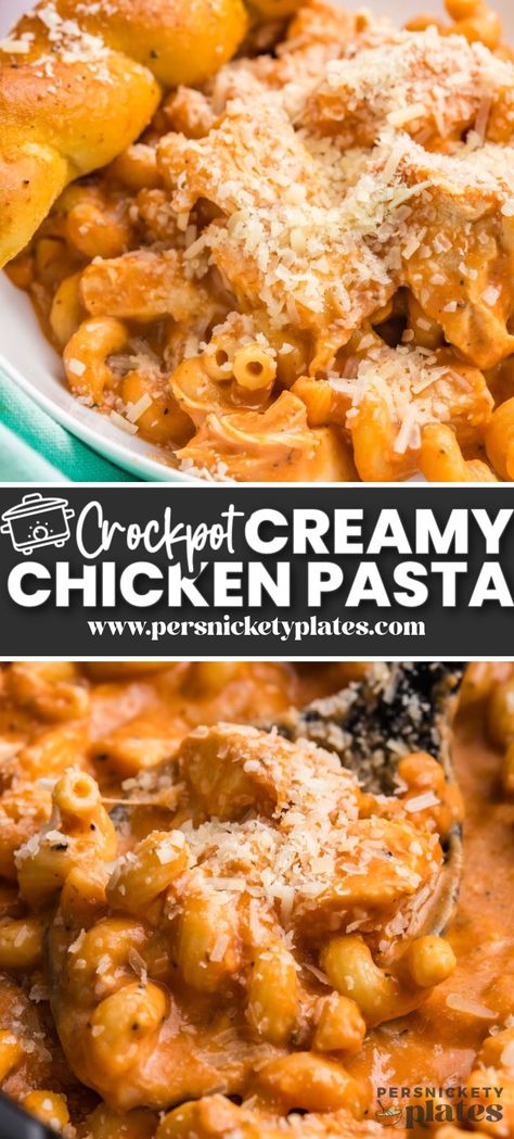 In need of a creamy, saucy, cheesy chicken and pasta dish that everyone will love? This slow cooker creamy chicken pasta made with juicy chunks of chicken, alfredo sauce, marinara sauce, and mozzarella cheese has all the comforts of a homestyle meal with the convenience that only a crockpot can deliver! Creamy Pasta Crock Pot Recipes, Chicken Alfredo And Marinara Pasta Crockpot, Pasta Recipe Crockpot, Instapot Chicken And Noodles Recipes, Slow Cooker Favorites, Cheesy Chicken Pasta Crockpot, Fast Chicken Crockpot Recipes, Crockpot Meals With Noodles, Pasta Casserole Recipes Crockpot