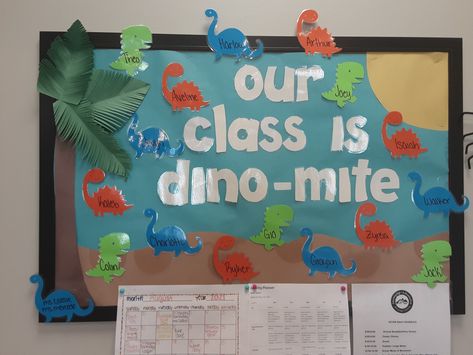 Dye cut dinosaurs 
Palm Tree Classroom Themes For Two Year Olds, Themes For Two Year Old Classroom, Preschool Bulletin Boards For September, Dinosaur Preschool Bulletin Board, Preschool Boards Bulletin, Preschool Welcome Board Ideas, August Bulletin Board Ideas For Toddlers, Two Year Old Classroom Door Ideas, Preschool Welcome Back Bulletin Boards