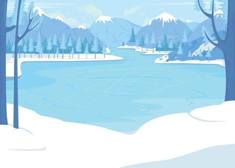 Frozen lake for skating surrounded by mountains flat color vector illustration Lake Illustration, Cartoon Landscape, Landscape With Mountains, Shop Vector, Fresh Snowfall, Vector Characters, Winter Retreat, Winter Lake, Winter Illustration