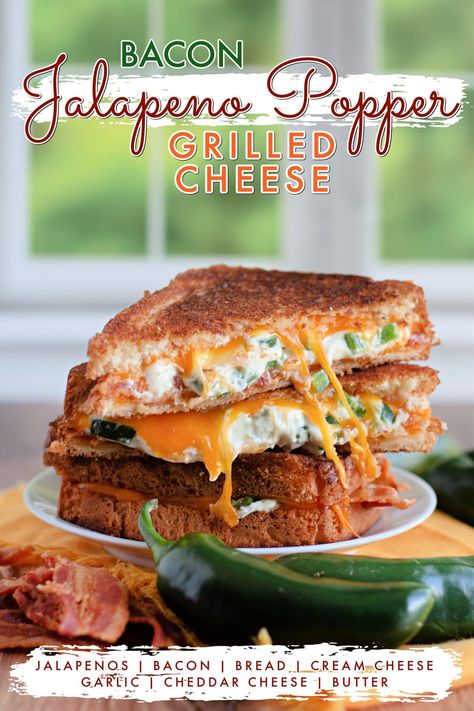 Take your grilled cheese sandwich to the next level! With melty cheddar cheese, crispy bacon, and a fresh jalapeno and cream cheese filling on buttered bread grilled until golden brown, this Jalapeno Popper Bacon Grilled Cheese is a real winner. #jalapeno #jalapenopopper #jalapenopopperbacongrilledcheese #grilledcheese #sandwich Jalapeno Popper Grilled Cheese Sandwich, Cream Cheese Grilled Cheese, Jalapeno And Cream Cheese, Bacon Grilled Cheese Recipes, Airfry Recipes, Popper Grilled Cheese, Bacon Grilled Cheese Sandwich, Buttered Bread, Jalapeno Popper Grilled Cheese