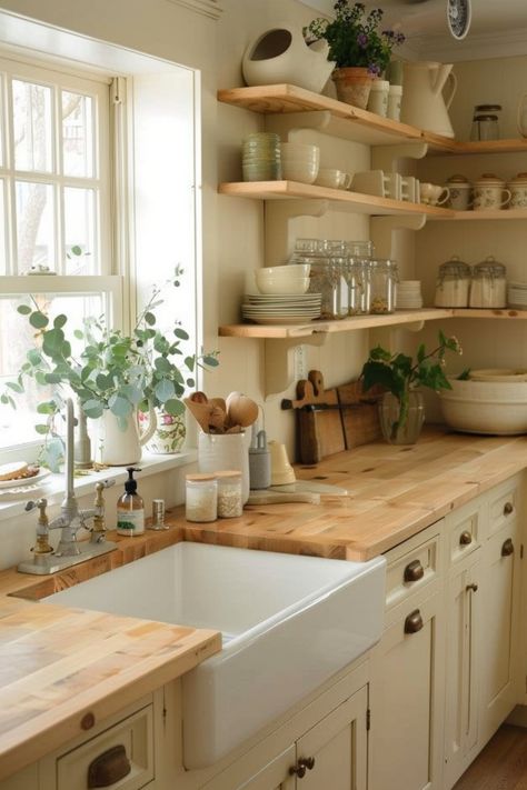 Embrace rustic charm and cozy efficiency with cottage kitchen ideas. Click here to see more inspiration. Kitchen Reno Ideas Farmhouse, Rustic English Kitchen, Old Country Farmhouse Kitchen, Rustic English Country Kitchen, Small Country Style Kitchen, Cottage Feel Kitchen, Classic Cottage Kitchen, Rustic Cottage Home Decor, Cream Cottage Kitchen