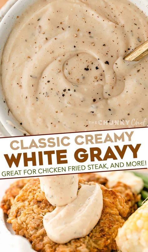 Pepper Gravy Recipe White, Simple Gravy Recipe, Country Style Gravy, White Gravy Recipe Easy, Peppered Gravy, Chicken Fried Steak Gravy, Fried Chicken Gravy, Homemade White Gravy, Country Gravy Recipe