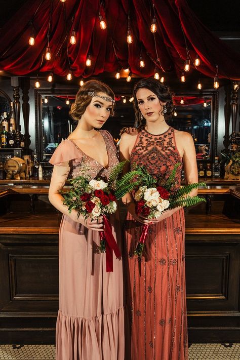 Vintage 1920s Gowns | Red + Mauve Maxi Flapper Dresses Speak Easy Themed Wedding, 1920s Style Wedding Decor, Great Gatsby Outdoor Wedding, Speak Easy Wedding Theme, Old Hollywood Bridesmaid Dresses, Gatsby Wedding Decorations, 30s Wedding, 1920s Gown, Speakeasy Style