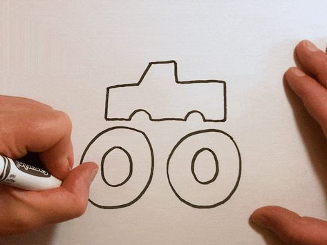 Simple Monster Truck Drawing, How To Draw Monster Truck, Monster Truck Doodle, Monster Truck Drawing Easy, How To Draw A Truck, Draw Monster Truck, Easy Directed Drawing, Monster Truck Drawing, Cartoon Monster Truck