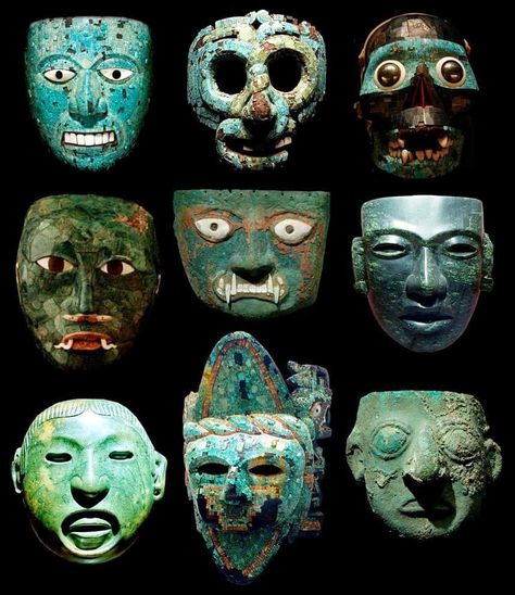 Pre-Columbian Masks [858x992] - Imgur Types Of Masks, Mayan Mask, Aztec Mask, Typographie Inspiration, Colombian Art, Mayan Art, Afrikaanse Kunst, Art Premier, Aztec Art