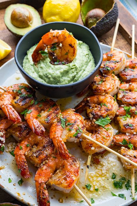 Cajun Butter Garlic Grilled Shrimp with Cilantro Lime Avocado Sauce Shrimp On A Stick, Butter Garlic Shrimp, Avocado Dipping Sauce, Anti Diet, Cajun Butter, Grilled Shrimp Skewers, Closet Cooking, Seasoned Butter, Homemade Cajun Seasoning