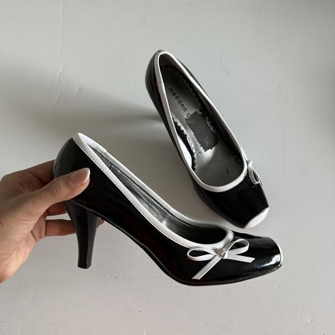 black and white heels with bows 🖤 -size: 8 🎀 -slight... - Depop Coquette Heels, Black Heels With Silver Bow, Black Ribbon Heels, Vintage Heels With Bow For Party, Black And Silver Bow Heels, Black Fancy Shoes Bow, Black And White Heels, Pretty Heels, Short Heels