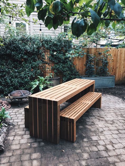 Built In Wood Bench Outdoor, Diy Slat Table, Patio Table And Benches, Wood Slat Table, Outdoor Table Bench, Outdoor Table And Bench, Modern Outdoor Bench, Slat Table, Modern Bench Outdoor