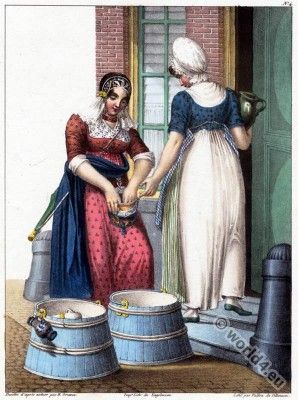 Dutch costumes. A servant of Amsterdam, 1828. 1820s Fashion, 19th Century Women, Regency Gown, Regency Era Fashion, 19th Century Clothing, Class Outfit, Regency Dress, Dress History, Regency Fashion