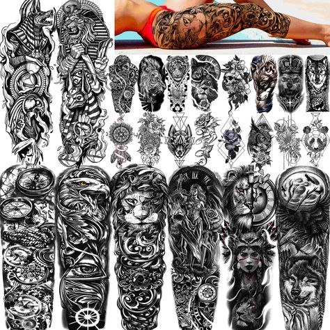 Tattoo Pierna, Temporary Tattoo Paper, Egyptian Tattoo Sleeve, Lion Tattoo Sleeves, Large Temporary Tattoos, Realistic Temporary Tattoos, Arm Temporary Tattoos, Temporary Tattoo Sleeves, Tattoo Sleeves