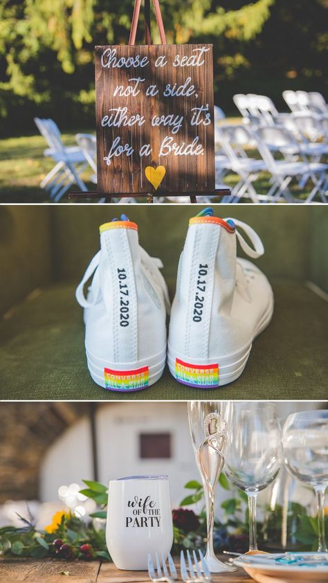 Same sex wedding at Tyler Arboretum / gay wedding decor / wife of the party wedding mugs / rainbow converse custom with wedding date / choose a seat not a side, either way it's for a bride wedding sign Rainbow Lesbian Wedding, Queer Wedding Ideas Decor, Lgbtq Wedding Two Brides Ideas, Lesbian Wedding Color Schemes, Queer Wedding Decor, Lesbian Country Wedding, Lesbian Wedding Ideas Decor, Mrs And Mrs Lgbt Wedding Ideas, Wlw Wedding Ideas