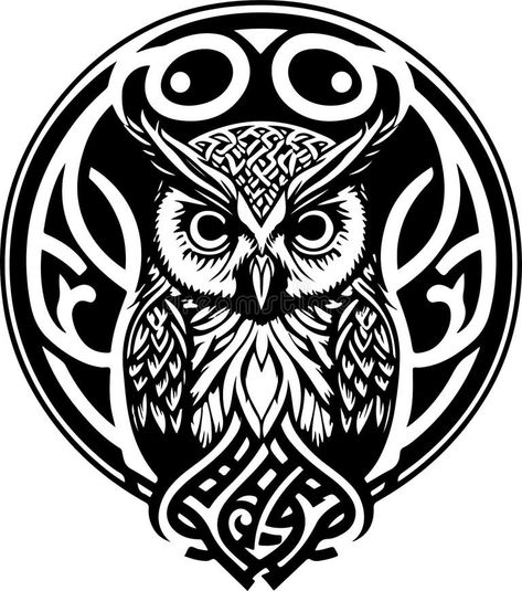 Celtic Owl Tattoo, Tattoo Owl, Bird Mascot, Celtic Owl, Avatar Tattoo, G Logo Design, Tattoo T Shirt, Owl Head, Black And White Line Art