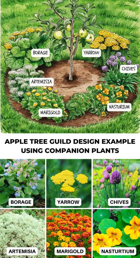 Best Apple Tree Companion Plants for a Thriving Orchard Apple Tree Companion Plants, Orchard Garden Design, Apple Guild, Apple Tree Garden Design, Apple Tree Guild, Self Sustaining Garden, Permaculture Guilds, Apple Tree Garden, Garden Ecosystem