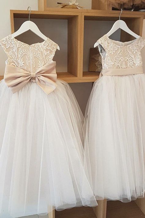 Flower Girl Dress With Bow, Dresses With Bow, Champagne Flower Girl, Flower Girl Dresses Champagne, Long Flower Girl Dresses, Mill Wedding, Ivory Flower Girl, Ivory Flower Girl Dresses, Long Flowers