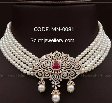 Five line south sea pearl choker with diamond pendant by Mangatrai Neeraj jewellers.  south sea pearls choker designs, pearls choker with pendant Pearls Choker, Pearl Diamond Pendant, Choker Necklace Designs, Choker Designs, Diamond Pendant Sets, Pearl Necklace Designs, Diamond Necklace Designs, Bridal Diamond Jewellery, Diamond Necklace Set