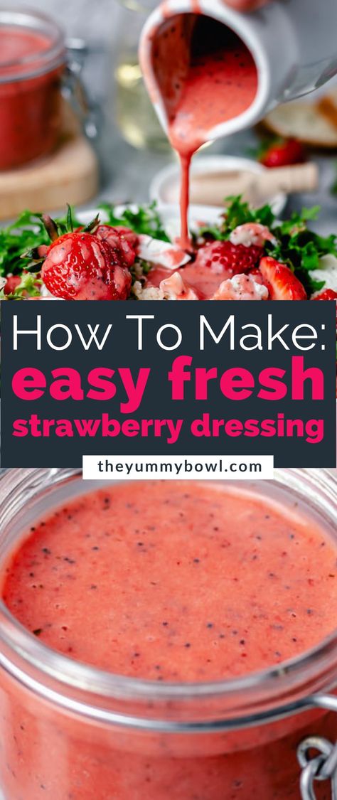 Make easy and quick 5 minute Strawberry Poppyseed Salad Dressing for salads, roasted vegetables, grilled cheese, poultry, or steamed/grilled fish. The taste of this ‘’Strawberry vinaigrette’’ is so luxurious that you’ll love adding it to many of your recipes as it instantly brightens any dish. Strawberry Salad With Poppyseed Dressing Taste Of Home, Fruit Based Salad Dressing, Strawberry Salad Dressing Homemade, Homemade Strawberry Vinaigrette Dressing, Easy Strawberry Vinaigrette, Strawberry Poppyseed Salad Dressing, Salad Dressing For Strawberry Salad, Strawberry Vinaigrette Salad, Poppyseed Vinaigrette Dressing