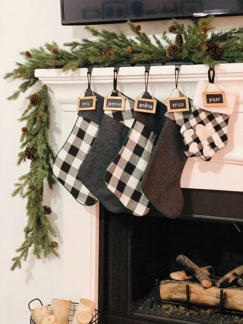 Stocking On Fireplace, Black Christmas Stocking, Farmhouse Style Christmas, Christmas Mantle Decor, Christmas Mantle, Black Christmas, Christmas 2022, Mantle Decor, Holly Jolly