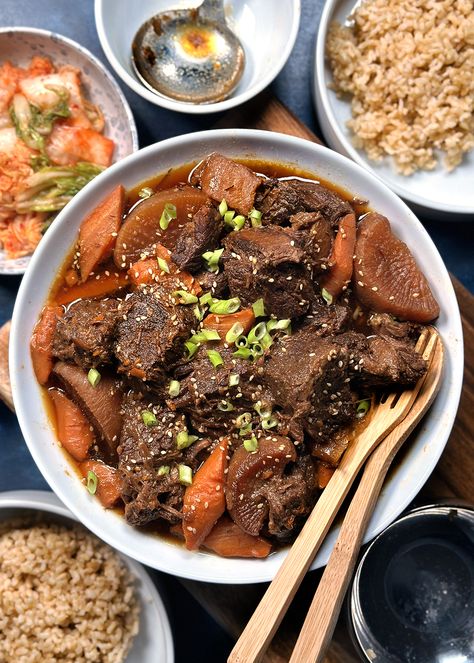 Galbi Jjim-ish Korean Beef Stew, Boneless, Better, and Budget-friendly - The Delicious Life Korean Roast Beef, Korean Beef Soup Recipe, Korean Kimchi Stew, Korean Beef Stew, Galbi Jjim, Braised Beef Stew, Korean Kimchi, Bone Soup, Korean Beef