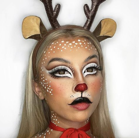 Christmas Face Painting Reindeer, Reindeer Make Up Ideas, Rudolph Costume Diy, Reindeer Makeup Look, Rudolph Makeup Simple, Diy Reindeer Costume Women, Rudolph Makeup Reindeer, Cute Reindeer Makeup, Christmas Character Makeup