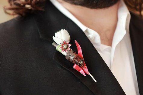 Creative Boutonniere Ideas | Unique Non-Floral Boutonniere Ideas: spark plug Boutonniere Ideas, White Boutonniere, Mediums Of Art, Marrying My Best Friend, Spark Plug, Boutonniere, Country Wedding, Marry Me, Wedding Flowers