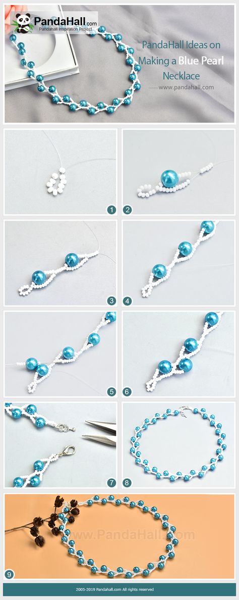 This necklace is made of blue pearl and white seed beads. The design is so special that it looks as if the blue beads are spoted in the white branches. Pearl Tutorial, Blue Pearl Necklace, Simpul Pita, Pola Manik, Gelang Manik-manik, Seni Dan Kraf, Bracelets Handmade Diy, Beaded Bracelets Tutorial, Pola Gelang