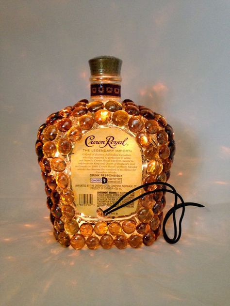 Bottle Lights Diy, Wine Bottle Ideas, Crown Royal Crafts, Liquor Bottle Lights, Crown Royal Bottle, Diy Wine Bottle, Crown Bottle, Liquor Bottle Crafts, Lights Diy