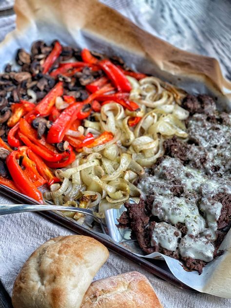 Sheet Pan Philly Cheesesteaks - Sweet Savory and Steph Shaved Beef Recipe, Sweet Savory And Steph, Healthy Beef Stroganoff, Shaved Beef, Peppers And Mushrooms, Healthy Pork Recipes, Philly Cheesesteaks, Delicious Steak, Love Change