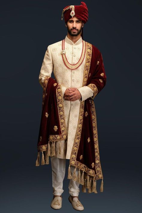 Ivory thread work sherwani set by Gujralsons | Carmaonline shop | Sherwani for men wedding, Wedding dresses men indian, Marriage dress for men Marriage Dress For Men, Indian Groom Dress, Baju Kahwin, Sherwani For Men Wedding, Wedding Kurta For Men, Groom Dress Men, Wedding Outfits For Groom, Indian Groom Wear, Groom Photoshoot