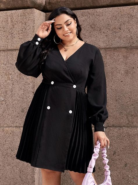 Plus Lantern Sleeve Pleated Panel Double Button Wrap Dress | SHEIN USA Dress For Big Size Woman, Graduation Outfits For Women, Corporate Gowns, Grad Outfits, Outfits Gorditas, Polished Casual, Big Size Dress, Chic Dress Classy, Plus Size Party Dresses