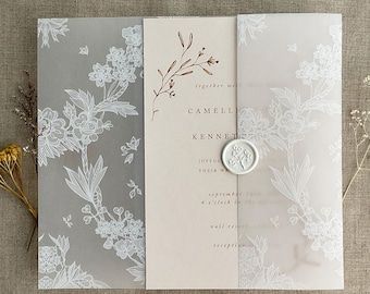 View Vellum Wrap for 5x7 card by IvoryInvitations on Etsy Pearl Vellum Paper, Wedding Invitation Suite Vellum, Wedding Invitation Packaging Ideas, Printed Vellum Paper, Velum Wedding Invite, Vellum Cards Ideas, Wedding Invitation Vellum, Vellum Wedding Invitations, Printed Vellum