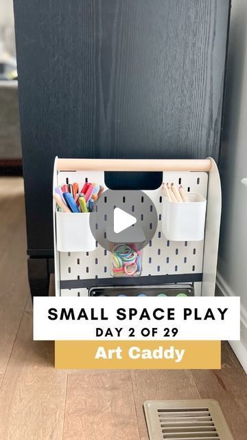 Nicole Cole, M.Ed - Playroom Organization on Instagram: "Small Space Play Day 2 of 29 ✨  If you don’t have space for a large art easel or full art cart, consider a mobile art station!   This VATTENKAR desk organizer from IKEA would be perfect to setup in a small playroom or shared family space.  The desk organizer has a handle and an attached mini SKÅDIS pegboard for easy transport and additional storage.   Follow along for more small space inspo this month and be sure to SAVE and SHARE ❤️" Vattenkar Ikea, Ikea Art Station For Kids, Kids Craft Cart, Toddler Art Station, Diy Kids Art Station, Art Station For Kids, Kids Art Station, Art Caddy, Space Play