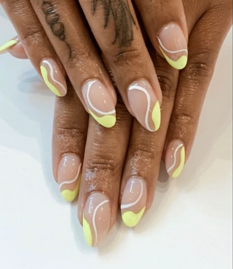 Spring Nails Swirl Design, Yellow Nail Designs Almond, Acrylic Nails Squiggly Lines, Yellow Nails Acrylic Design, Wave Nails Design Simple, Neon French Tip Nails Oval, Swiggly Lines Nail, Yellow Almond Nails Summer, Summer Nails With Lines