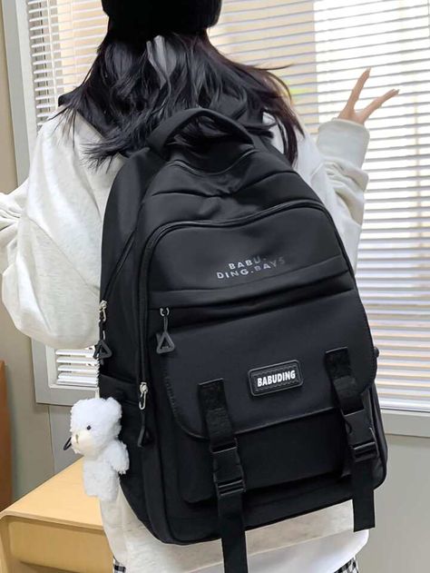 Preppy Classic Backpack Black Letter Patch Decor With Bag Charm For School | SHEIN USA Lightweight Travel Backpack, Black Preppy, Design With Letters, Black School Bags, Cute School Bags, Big Backpacks, Dream Things, Stylish School Bags, Daypack Backpack