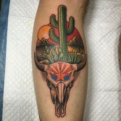 Arizona themed cactus and skull tattoo - Aaron Casas Men Cactus Tattoo, Traditional Arizona Tattoo, Bull Skull Tattoo With Cactus, Tucson Tattoo Ideas, Neo Traditional Cactus Tattoo, Superstition Mountains Arizona Tattoo, Cow Skull Tattoo Traditional, Desert Scene Tattoo Sleeve, Cow Skull And Cactus Tattoo