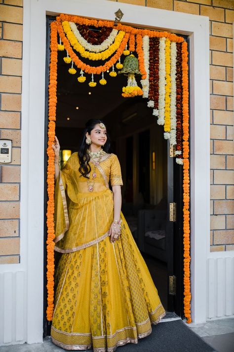 mustard yellow lehenga for haldi or mehendi Haldi Look For Bride In Lehenga, Outfit For House Warming Ceremony Indian, Outfits For House Warming Party Indian, Yellow Saree Bride Indian Weddings, Mustard Yellow Bridal Lehenga, Haldi Function Dress For Bride Indian, House Warming Ceremony Outfits, Gruhapravesam Outfits, Haladi Shastra Dress For Bride