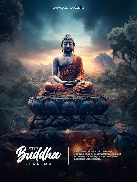 Happy buddha purnima poster with buddha ... | Premium Psd #Freepik #psd #waisak #buddhist #vesak-day #buddha-background Buddha Poster Design, Budha Purnima Ads, Waisak Day Poster, Budh Purnima Poster, Waisak Day Design, Vesak Day Poster, Waisak Day, Buddha Purnima Creative Ads, Buddha Purnima Creative