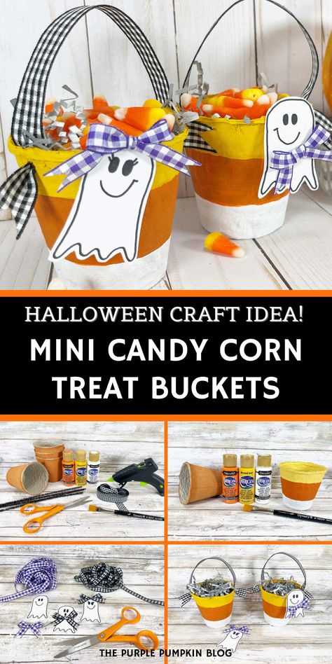 These Mini Candy Corn Halloween Buckets are the perfect Halloween craft for kids and teens! Using supplies like acrylic paint, peat pots, and ribbon, you can create cute, candy-filled buckets that make great party favors or Halloween decorations. This DIY project is quick, easy, and inexpensive, making it ideal for Halloween parties or classroom activities. With just a few simple steps, you’ll have festive treat holders that everyone will love. Visit The Purple Pumpkin Blog for the tutorial. Bucket Crafts, Diy Halloween Candy, Candy Corn Crafts, Peat Pots, Candy Corn Halloween, Purple Pumpkin, Halloween Buckets, Candy Basket, Easy Fall Crafts