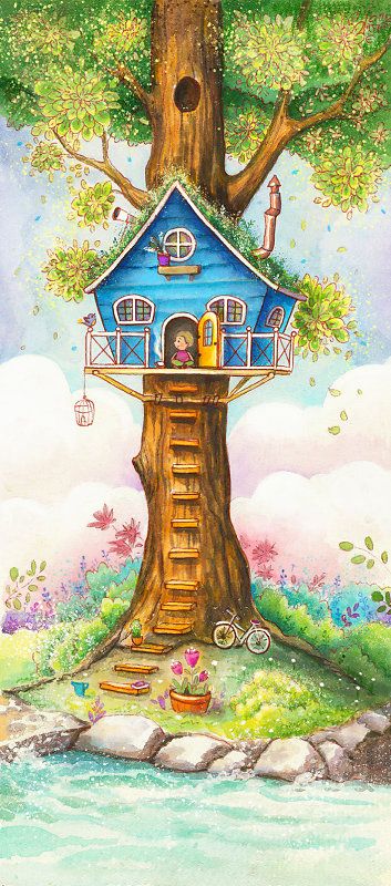 Fairy House Drawing, Tree House Drawing, Baby Animal Nursery Art, Fairy Tree Houses, Whimsical Art Paintings, Storybook Art, House Illustration, House Drawing, Tree Illustration