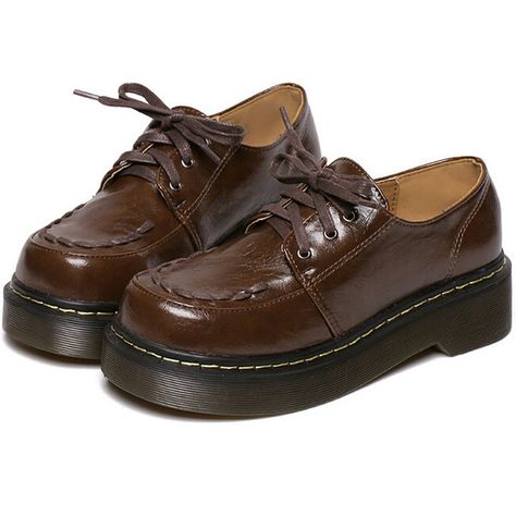 Brown Vintage Thick-soled Round Toe Flats ($47) ❤ liked on Polyvore featuring shoes, flats, patent leather shoes, vintage flats, brown flats, vintage flat shoes and lace up flats Sepatu Platform, Brown Flat Shoes, Skor Sneakers, Mode Hippie, Dr Shoes, Lace Up Flats, Brown Flats, Shoe Inspo, Patent Leather Shoes