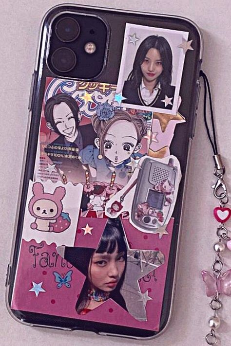 Y2K Aesthetic iPhone Case Phone With Keychain, Phone Cases Charms, Phone Cases Decor, Phone Deco Sticker, Charms Phone Case, K Pop Phone Case Ideas, Phone Collage Case, Kpop Idols Phone Case, Phone Case Stickers Kpop