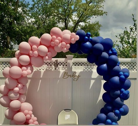 Dark Blue And Pink Balloon Garland, Pink And Blue Garland Balloons, Black Pink And Blue Gender Reveal, Navy Blue And Pink Gender Reveal Decorations, Navy Blue And Pink Balloon Garland, Gender Reveal Ideas Dark Blue And Pink, Gender Reveal Ideas Navy Blue And Pink, Navy And Rose Gender Reveal, Royal Blue And Blush Pink Gender Reveal