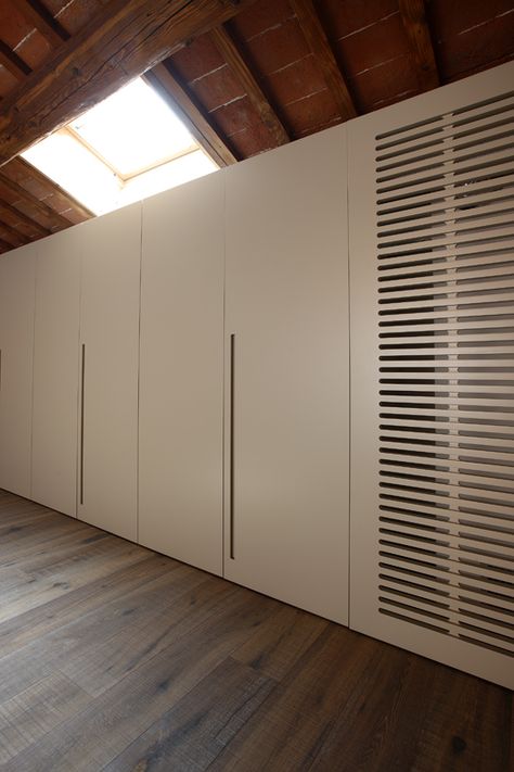 detail of the cupboards showing the custom ventilation grille that hides the dehumidifier Ventilation Holes In Cupboard Doors, Ventilated Closet Doors, Wardrobe Ventilation Ideas, Cabinet Ventilation Hole Design, Wardrobe With Ventilation, Ventilated Cabinet Doors, Kitchen Cabinet Ventilation, Ventilated Door, Cabinet Ventilation