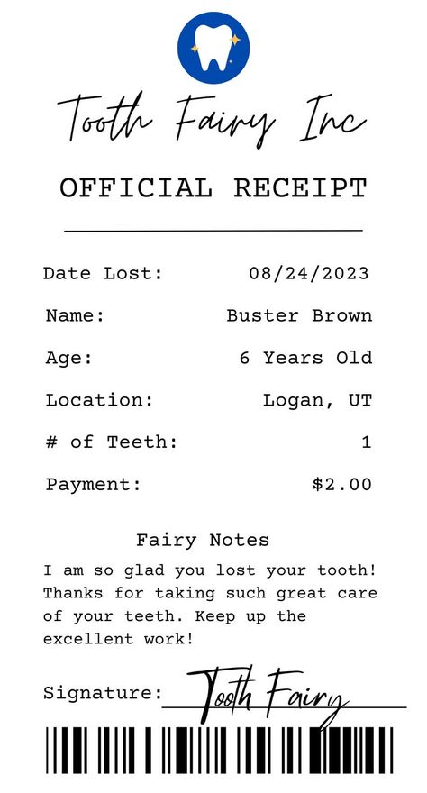 Editable and customizable Tooth Fairy Receipt! Give your child a fun keepsake of when they lose their teeth. Tooth Fairy Box Ideas, Diy Tooth Fairy Ideas, Tooth Fairy Ideas For Boys, Tooth Fairy Ideas, Tooth Fairy Receipt, Fairy Ideas, Diy Tooth Fairy, Fairy Box, Tooth Fairy Box