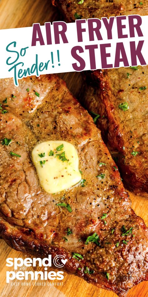 Air Fryer Steak is such an easy way to cook everyone's favorite piece of meat. Medium, rare, or well-done, it can all be done in the air fryer! #spendwithpennies #airfryersteak #recipe #entree #airfried #easy Air Fried Steak Recipes, Well Done Steak In Air Fryer, Beef Steak In Air Fryer, Medium Rare Air Fryer Steak, How To Air Fry Steak Medium Rare, Air Fryer Steak Recipes Medium Rare, Medium Well Steak In Air Fryer, Steak In Air Fryer Medium Rare, How To Cook A Steak In The Air Fryer