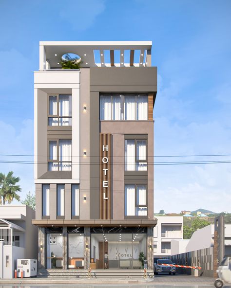 Modern Commercial Elevation, Small Hotel Elevation Exterior, 22 Feet Front Elevation Modern, Small Hotel Exterior, Hotel Facade Design Modern, Hotel Front Elevation Design, Commercial Design Exterior Buildings, Hotel Elevation Exterior, Modern Hotel Exterior