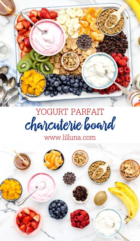 Yogurt Display Ideas, Yogurt Parfaits For A Crowd, Individual Yogurt Parfaits Brunch Ideas, Mini Fruit And Yogurt Parfait, Yogurt Board Ideas, Yoghurt Parfait Bar, Fruit And Yogurt Charcuterie Board, Yogurt Parfait Board, Yogurt Charcuterie Board Ideas