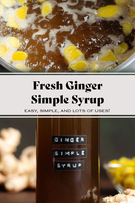 This Ginger Simple Syrup is made with just 3 ingredients in under 30 minutes! It's spicy, warm, sweet, and delicious in any fall and winter cocktail, mocktail, tea, and more! It's super easy to make and totally foolproof. Try it in your holiday cocktails this year! It stores really well so it can be made ahead and it's freezer-friendly! Ginger Syrup Recipe Homemade, Homemade Ginger Syrup, Ginger Simple Syrup Recipe, Ginger Syrup Cocktail, Honey Simple Syrup Recipe, Ginger Syrup Recipe, Flavored Simple Syrup, Green Beans With Cranberries, Ginger Simple Syrup