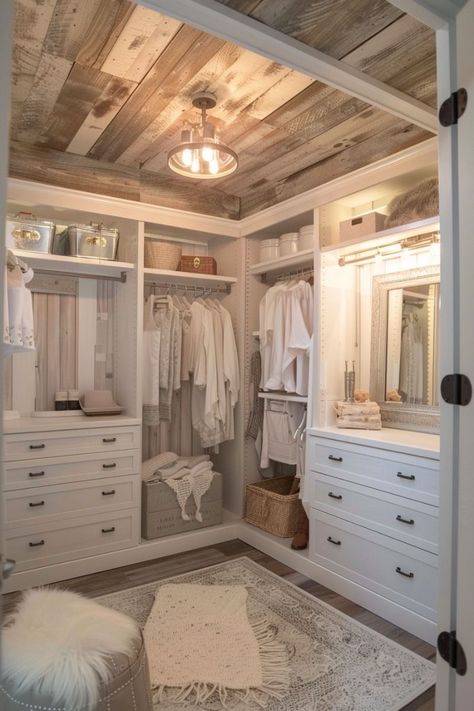 Cottage Closet Ideas, Master Closet Ideas Walk In His And Hers, Rustic Walk In Closet Ideas, Master Walk In Closet Ideas, Cozy Farmhouse Bedroom Ideas, Farmhouse Closet, Closet Makeovers, Cozy Farmhouse Bedroom, Master Closet Design