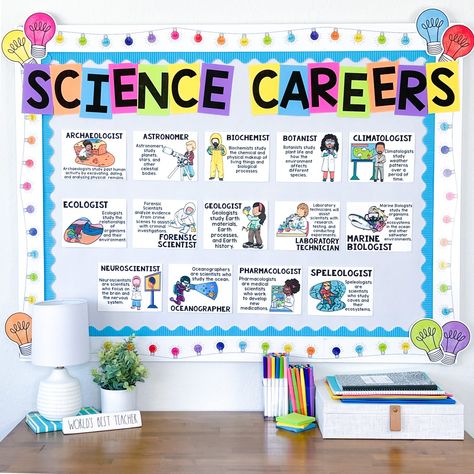 Image of a bulletin board with several science career posters. Chemistry Display Boards, Biology Display Board, Science Class Bulletin Boards, Science Display Ks2, Science Board Ideas, Career Poster Board Ideas, Science Display Board Ideas, Science Chart Ideas, Bulletin Board Layout